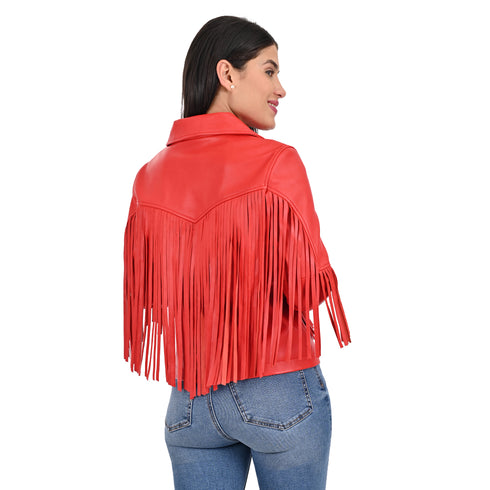 Chamarra de Piel Roja para Dama con Flecos Estilo Western.